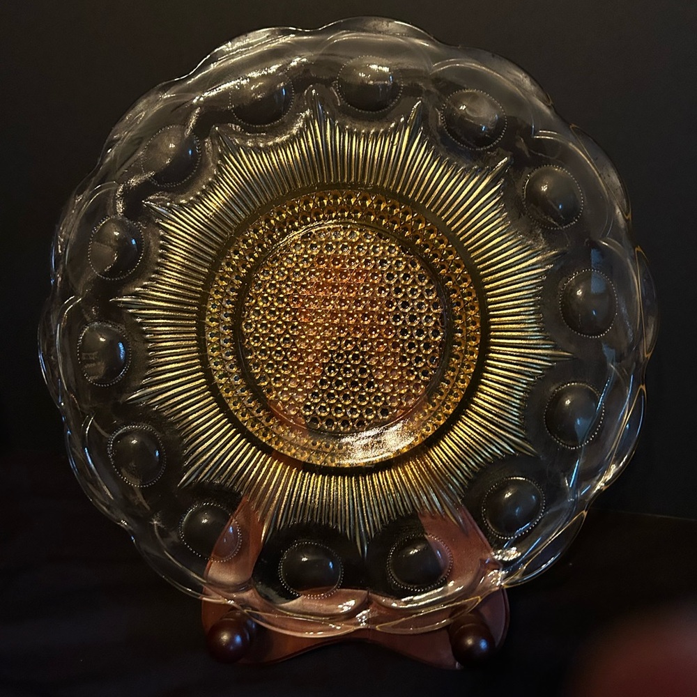 Vintage Depression Pressed Glass Plate With Yellow Center
